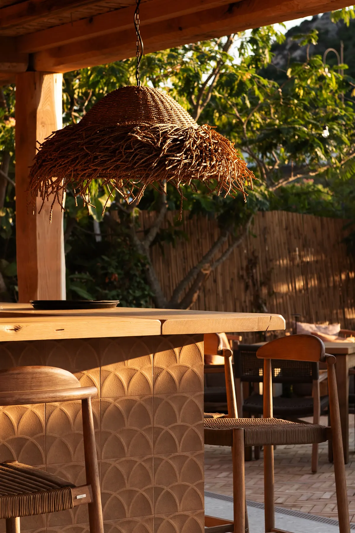 Le poltrone in rattan tra le piante del cortile, nella luce del pomeriggio